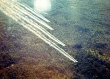 Four U.S. Fairchild C-123 transport aircraft - converted to crop dusters - during "Operation Ranch Hand" in Vietnam.