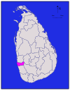 Area map of Colombo District, roughly rectangular in shape and extending inwards from the west south west coast in the Western Province of Sri Lanka