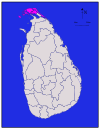 Area map of Jaffna District, in the peninsula to the north, in the Northern Province of Sri Lanka