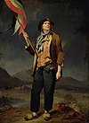 Un sans-coulotte, un rivoluzionario radicale, che porta una bandiera tricolore.