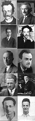 Od lewej do prawej: Max Planck, Albert Einstein, Niels Bohr, Louis de Broglie, Max Born, Paul Dirac, Werner Heisenberg, Wolfgang Pauli, Erwin Schrödinger, Richard Feynman.