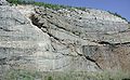 A fault cutting through older sedimentary rocks