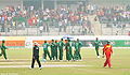 Players celebrate after taking a wicket