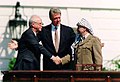 Peacemakers Yitzhak Rabin and Yasser Arafat (1993) with U.S. President Clinton after signing the Oslo Accord
