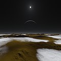 View from Pluto of Charon and the Sun (artist concept).