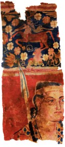 Probably a Graeco-Bactrian armed man with Greek royal diadem and mythical centaur. Carpet from the Sampul cemetery near Hotan, 3rd-2nd century BC.