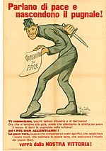 Italian propaganda poster (Engl.: They talk about peace and hide the dagger!). Emperor Karl's peace initiatives, which became known in April 1918, are presented as a ruse