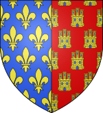 Stema: Pe pal azur seme-de-lis de aur (Franța antică), cu dimidiu de galeș semeț de castele de aur (Castilia).