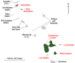 En vert (avec une légende rouge) sont les anciennes parties constitutives de la région/département de la Guadeloupe parmi les îles sous le vent, dont Saint-Barthélemy, avant février 2007.