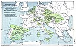 Kartta, jossa esitetään Habsburgien hallussa olevat alueet vuonna 1547.  