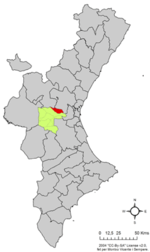 Cheste (röd) i Valencianska gemenskapen. Området i grönt är comarca (Hoya de Buñol).