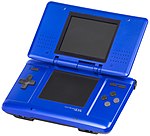 A blue variant of the original Nintendo DS