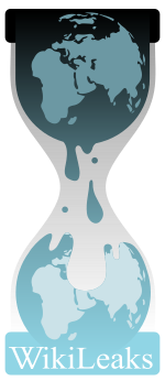 WikiLeaks' logo. Det viser noget vand, der lækker fra en jord (øverst), og som falder ned i en anden jord (nederst).