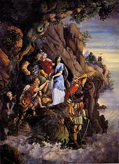 Arrival of princes Kluk, Lobel, Muhlo, Kosenc, Hrvat and their sisters Tuga and Buga in Dalmatia (Historicist painting by Ferdinand Quiquerez, 1870)