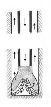 Oil well with drill bit, longitudinal section, schematic, cased at the top