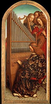 Um órgão de tubos medieval pintado por Jan van Eyck em 1536