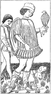 Italian nobleman of the 15th century hunting with falcon and hounds. Engraving by Andrea Mantegna, circa 1465.