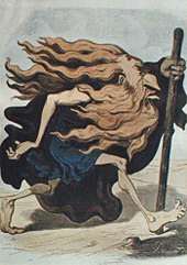 The Wandering Eternal Jew , colored woodcut by Gustave Doré, 1852, reproduction in an exhibition at Yad Vashem, 2007