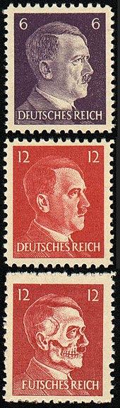 Three stamps forged by the OSS for "Operation Cornflakes". The upper two were used for franking, the lower one was enclosed with the letters.