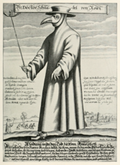 Vuoden 1656 kaiverrus roomalaisesta tohtori Schnabelista ("Nokka"). Hänellä on yllään suojavaatteet, joita ruttolääkärit Roomassa tuohon aikaan yleensä käyttivät.