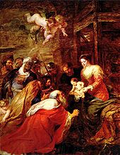Die Anbetung der Heiligen Drei Könige (1634) von Peter Paul Rubens. Dieses Gemälde zeigt die Heiligen Drei Könige beim Besuch des Jesuskindes. Das Gemälde hängt hinter dem Altar in der Kapelle des King's College in Cambridge.