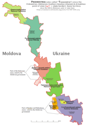 Political division of the country into rajons. Areas claimed but not held by the PMR are shaded.