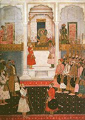 Shah Jahan (r. 1627-1657/58) during a darbar (audience) in the audience hall of his palace (miniature painting c. 1650)