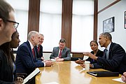 Corbyn na setkání s americkým prezidentem Barackem Obamou v Londýně, duben 2016