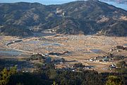 Blick auf Rikuzentakata, Japan, nach dem Erdbeben und Tsunami in Sendai 2011.