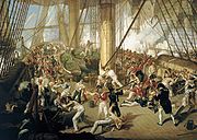 Obrázek zobrazující smrt Horatia Nelsona v bitvě u Trafalgaru 21. října 1805.