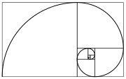 Eine Fibonacci-Spirale, die durch Ziehen einer Linie durch die Quadrate in der Fibonacci-Kachel entsteht; diese verwendet Quadrate der Größen 1, 1, 2, 3, 5, 8, 13, 21 und 34; siehe Goldene Spirale