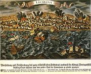 Škody spôsobené zemetrasením a cunami v Lisabone 1. novembra 1755.
