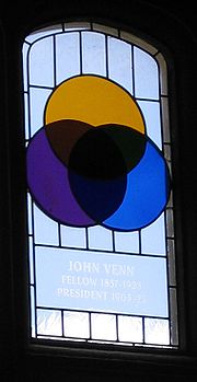Vitráž v Cambridgei, kde John Venn študoval. Zobrazuje Vennov diagram.