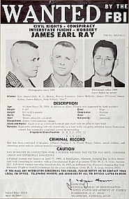 "FBI's Most Wanted" poster for James Earl Ray, who was later convicted of murdering King