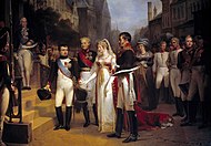 A infame reunião da Rainha Luísa e Napoleão Bonaparte (extrema esquerda), 1807. Pintado postumamente por Nicolas Gosse, c. 1900