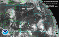 O imagine din satelit a Oceanului Atlantic pe 24 august, care îi include pe Humberto, Iris, Jerry și două valuri care aveau să devină în curând Karen și Luis.  