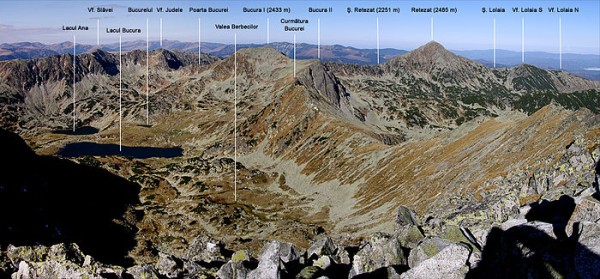 The Retezat Mountains from Peleaga, with indication of some landmarks