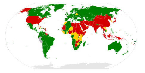 Map showing how countries voted when the UN suggested a death penalty moratorium (2008)   In favour (106)   Against (46)   Did not vote (34)
