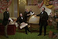 Maalaus, jossa kuvataan Yhdysvaltojen 30. maaliskuuta 1867 tekemää sopimusta ostaa Alaska Venäjältä.  