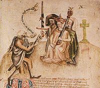 Scone było starożytną stolicą Szkocji i miejscem koronacji szkockich królów. Ta ilustracja MS przedstawia koronację króla Szkocji Aleksandra III na Moot Hill, Scone. Jest on witany przez ollamh rígh, królewskiego poetę, który zwraca się do niego z proklamacją "Benach De Re Albanne" (= Beannachd Dé Rígh Alban, "Niech Bóg błogosławi króla Szkocji"); poeta recytuje genealogię Aleksandra.