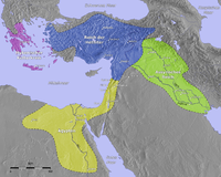 Hittitterriget på sit højeste. Hittitterne:blå; mykenske grækere:lyserød; Assyrien:grøn; Egypten: gul)