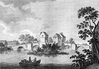 Bedford Bridge nel 1783. Questa versione del ponte fu sostituita nel 1813.