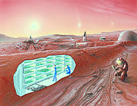 En kunstnerisk forestilling af koloniseringen af Mars, med et udsnit, der viser en del af det indre  