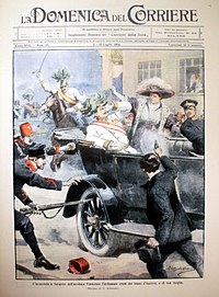 Dem Attentat von Sarajevo am 28. Juni 1914 â€“ links in einer nicht ganz exakten zeitgenÃ¶ssischen Darstellung â€“ folgten die Julikrise und wechselseitige Mobilmachungen, rechts die Anordnung der franzÃ¶sischen Mobilmachung zum 2. August 1914
