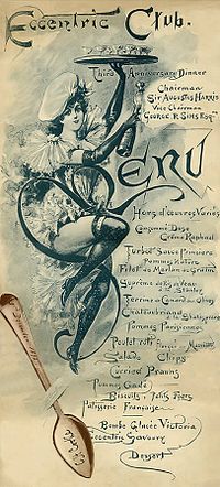 Menu del 1893 per un club di Londra. A causa dell'influenza della cucina francese, molti dei piatti hanno nomi francesi.