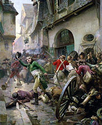 Pittura che mostra la battaglia di Choet in Vandea 1793. Henri de La Rochejacquelein alla battaglia di Cholet nel 1793 di Paul-Emile Boutigny