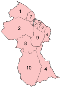 Venezuela gør krav på regionerne 1, 2, 5, 7, 8 og 10, dvs. 62 % af Guyana.