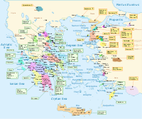 Karta över Grekland enligt beskrivningen i Homeros Iliaden. De geografiska uppgifterna tros i första hand hänvisa till bronsålderns Grekland, då mykensk grekiska talades.