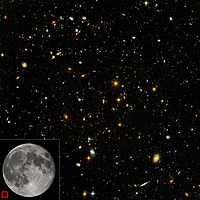 Imagine de înaltă rezoluție a câmpului ultraprofund Hubble. Aceasta arată o varietate de galaxii, fiecare formată din miliarde de stele. Suprafața echivalentă de cer pe care o ocupă imaginea este prezentată în colțul din stânga jos (caseta roșie). Cele mai mici și mai roșii galaxii, aproximativ 100, sunt unele dintre cele mai îndepărtate galaxii care au fost fotografiate. Ele s-au format la scurt timp după Big Bang.  