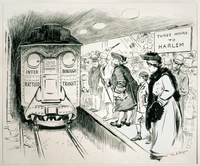 Una vignetta politica sul cattivo servizio dell'Interborough Rapid Transit nel 1905, del New York Herald